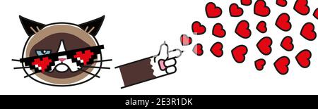 Grumpy cat in pixel glasses with hearts Stock Vector