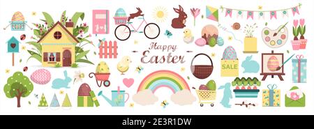 Large vector Easter set. Flat design featuring hares, butterflies, painted eggs, cake, chicken, rabbit, bicycle, chicken, basket, gift, garland, flowers and rainbows. Template for a postcard, invitation, ad or banner. A bright, cute illustration for a spring Christian holiday. Happy Easter inscription. Stock Vector
