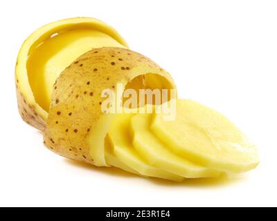 Peeled Potato with Potato Slices isolated on white Background Stock Photo