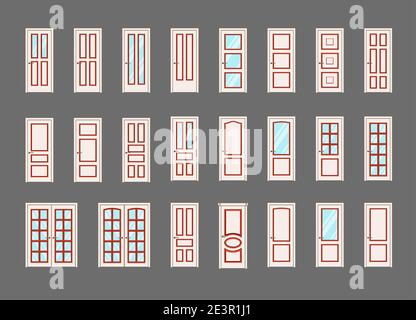 Interior  or front doors in white color on dark background. Big collection of vector doors. Doors with or without glass. Realistic vector illustration Stock Vector