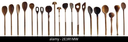 Kitchenware - Old wooden kitchen spoons isolated on white Background Panorama Stock Photo