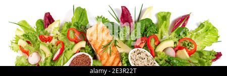 Grilled Salmon Fillet with fresh Salad - Lettuce Panorama isolated on white Background Panorama Stock Photo