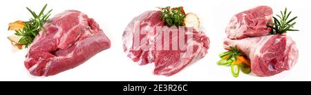 Different Raw Lamb Meat isolated on white Background - Panorama Stock Photo