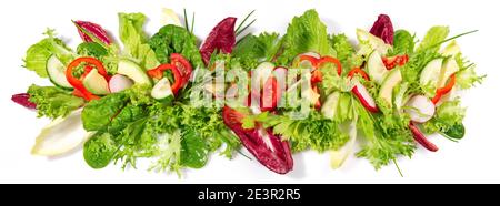 Mixed Salad with Avocado - Fresh Lettuce Panorama isolated on white Background Stock Photo