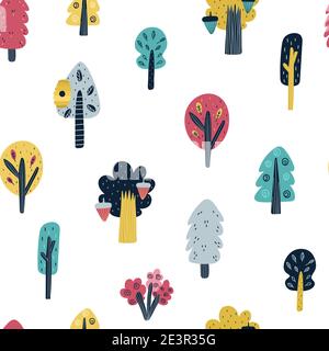 Woodland seamless pattern with cute trees. Forest background in Scandinavian style Stock Vector