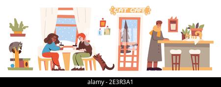 Cat cafe interior with people and pets. Vector flat illustration of coffee shop with kittens on counter and cat climbing tower, women sitting at table, man, plants and winter background behind windows Stock Vector