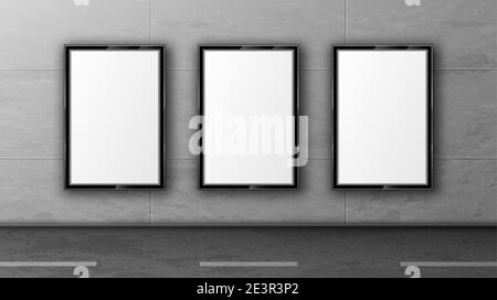 Blank street billboards on tiled wall. White posters in black frame for outdoor advertising. Vector realistic mockup of empty display boards on city road. Template of 3d promotion banners Stock Vector