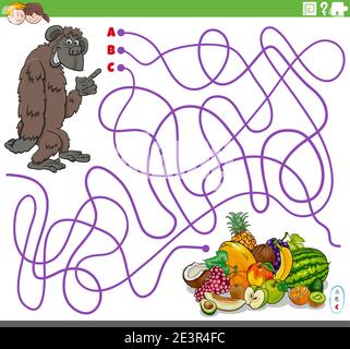 Cartoon illustration of lines maze puzzle game with gorilla character and fruits Stock Vector