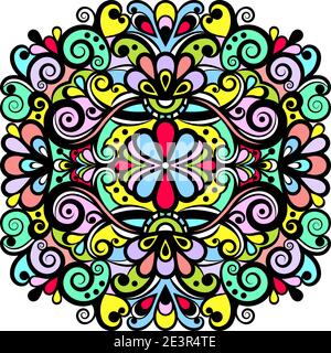 Floral abstract ornament, bright colorful pattern, multicolored background, ethnic tracery, hand drawing. Ornate decoration with flowers and curls Stock Vector