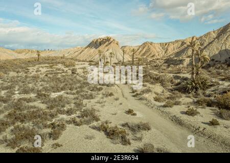 drone Aerial view of Tabernas desert landscape in Andalusia Almeria Spain Only desert in Europe Stock Photo