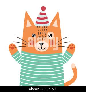 Cute ginger cat in pajamas says hello. Feline character isolated element Stock Vector