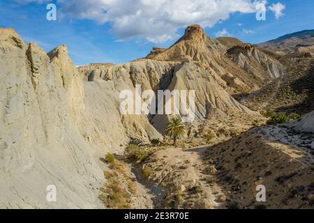 drone Aerial view of Tabernas desert landscape in Andalusia Almeria Spain Only desert in Europe Stock Photo
