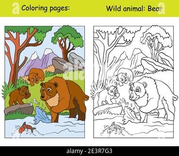 Vector coloring page with cute bears in mountain area. Cartoon isolated colorful illustration. Coloring book page and color template. For coloring boo Stock Vector
