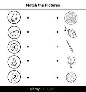 Five senses matching game for kids. Match the pictures activity page Stock Vector