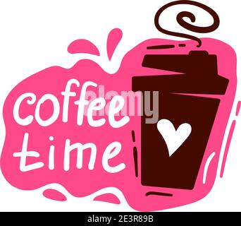 Coffee cup logo. Coffee mugs color banner on white background with text - coffee time. Stock Vector
