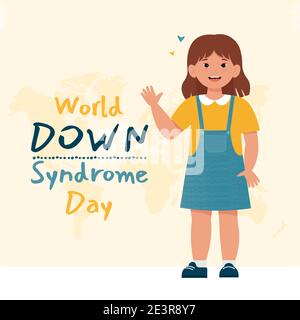 Little happy girl with down syndrome. World down syndrome day. Vector illustration in flat style Stock Vector
