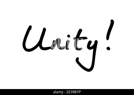 The word Unity! handwritten on a white background. Stock Photo