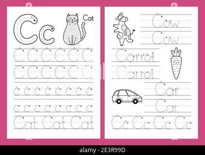 Letter C. Tracing practice worksheet set. Learning alphabet activity page Stock Vector