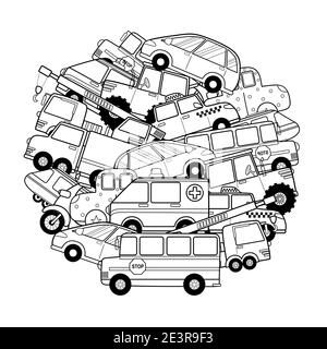 Circle shape coloring page with doodle vehicles. Cars black and white print for coloring book Stock Vector
