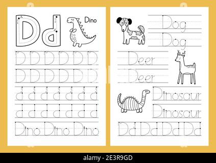 Letter D. Tracing practice worksheet set. Learning alphabet activity page Stock Vector