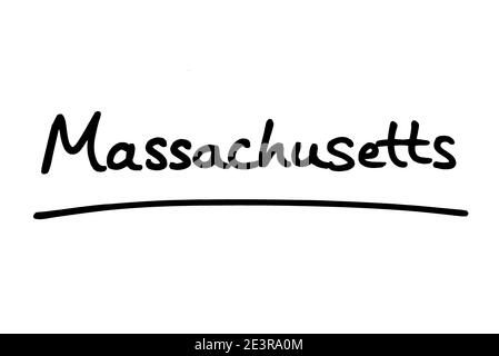 Massachusetts - a state in the United States of America, handwritten on a white background. Stock Photo