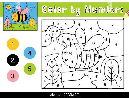 Color by number game for kids. Coloring page with a cute bee. Printable worksheet Stock Vector