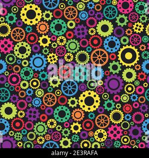 Seamless pattern with colorful gears on black background. Vector flat creative technology wallpaper. Stock Vector