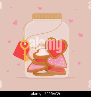Homemade ginger cookies in the form of hearts in a glass jar. Sweet food as present for Valentine’s Day. Cute vector illustration in flat style Stock Vector