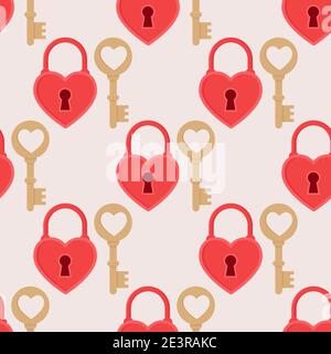 Seamless pattern to Valentines Day. Key, and padlock from the heart. Vector illustration in flat style Stock Vector