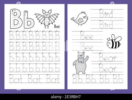 Letter B. Tracing practice worksheet set. Learning alphabet activity page Stock Vector