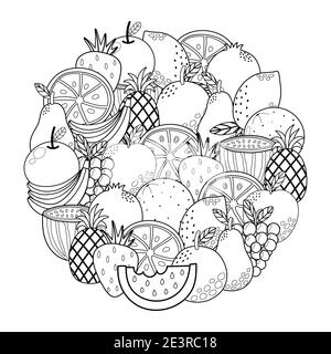 Circle shape coloring page with fruits. Black and white outline background Stock Vector
