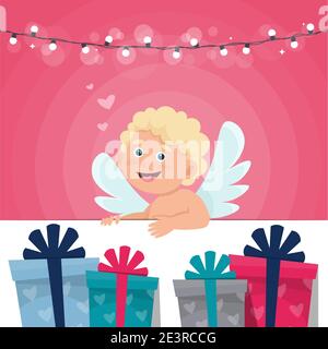 Valentine’s day greeting card with cute cupid and present. Vector illustration in flat style Stock Vector