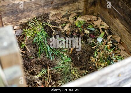 Garden compost bin full of organic waste Stock Photo