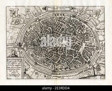 Map of Bruges by Guicciardini. Stock Photo