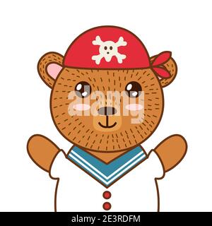 Cute pirate bear. Brown grizzly animal in a red hat. Forest character for kids design Stock Vector