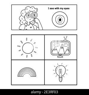 Five senses poster. Sight sense presentation page for kids. Great for activity book Stock Vector