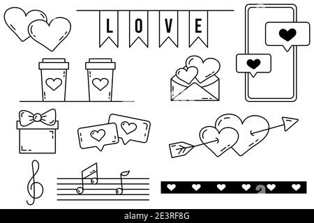 A set of editable vector elements. Valentines Day collection with editable stroke. Vector cute illustrations. A love letter. Isolated icons on a white Stock Vector