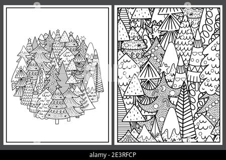 Coloring pages set with cute Christmas trees. Doodle winter templates Stock Vector