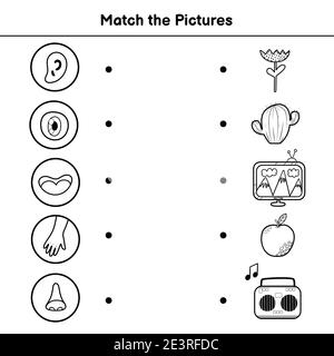 Five senses matching game for kids. Match the pictures activity page Stock Vector