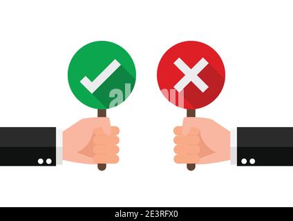 Hand hold signboard green check mark and red cross mark. Right and Wrong for feedback. Sign icon concept. vector illustration. Stock Vector