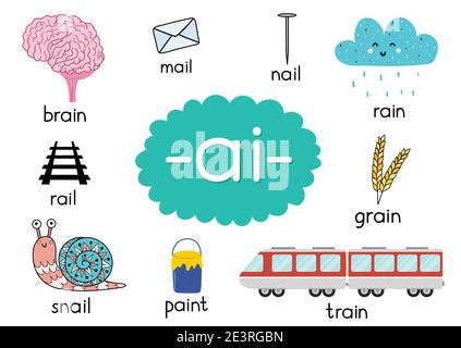 Ai digraph with words educational poster for kids. Learning phonics Stock Vector