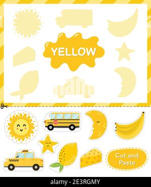Yellow color. Cut the elements and match them with the right shadows. Learning color yellow Stock Vector