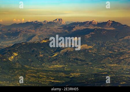 Aerial view of the Gran Sasso mountain range. Gran Sasso and Monti della Laga National Park. Stock Photo