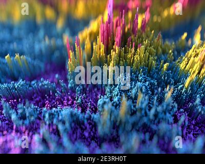 Scatter topographic landscape based on colorful cubes. Abstract background with depth of field in blue, purple and yellow colors. 3d rendering illustr Stock Photo