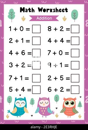 Math worksheet for kids. Addition. Mathematic activity page with cute owls Stock Vector