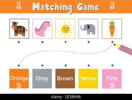 Match animals and elements by color. Educational game for school and preschool Stock Vector