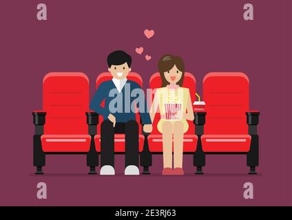 Couple sitting on red cinema chairs with popcorn and drink in movie theater. vector illustration Stock Vector