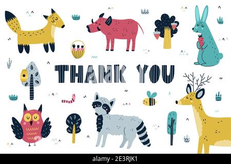 Thank you card with cute forest animals. Woodland characters background Stock Vector