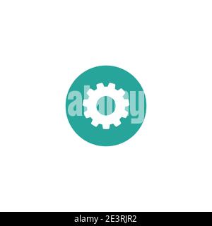Gear icon isolated on white. White pinion in blue circle. Vector flat illustration for technology or innovation. Settings or maintenance button Stock Vector