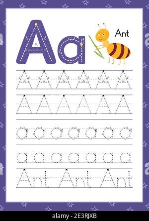 Letter A. Handwriting practice worksheet. Learning alphabet cute activity page Stock Vector